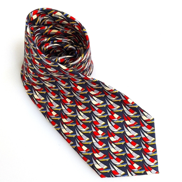 VTG Handmade UTOPIA Silk Tie Sailboats Navy Blue Bright Red Yellow Gray Cream - Picture 2 of 6
